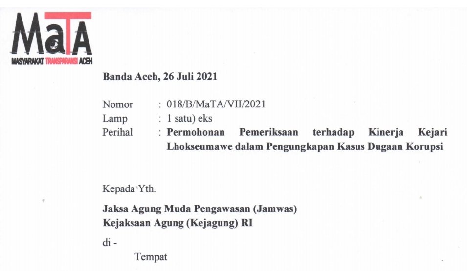 Surat MaTA ke Jamwas Kejagung