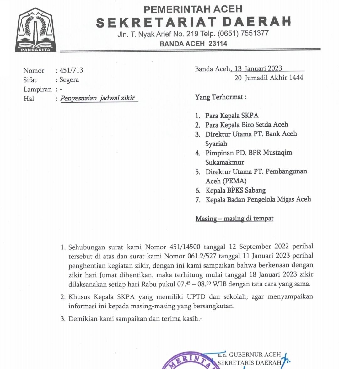 Surat Pemerintah Aceh zikir pagi