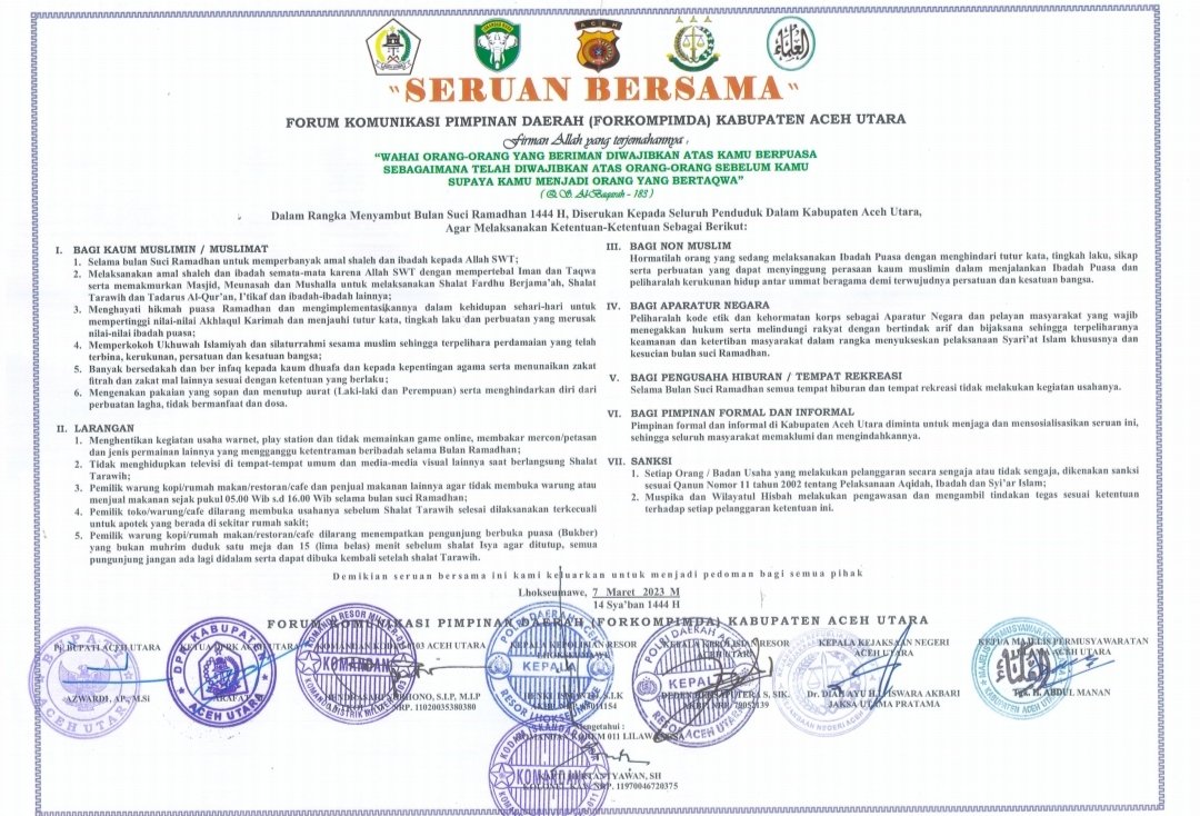 Sambut Ramadan, Ini Seruan Bersama Forkopimda Aceh Utara