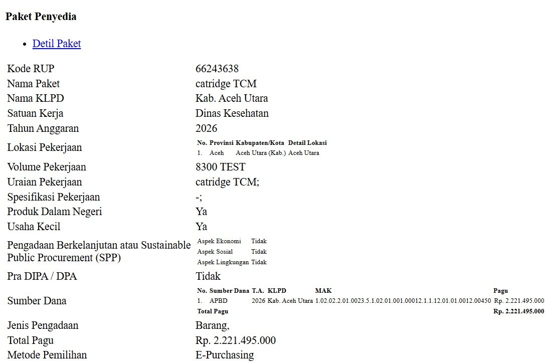 Paket Cartridge TCM Dinkes Aceh Utara 2026