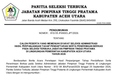 Pemkab Aceh Utara Umumkan Peserta Lulus Administrasi Seleksi JPT Pratama 2026, Ini Daftar Lengkapnya