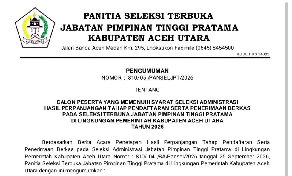 Pengumuman Pansel JPT Pratama Aceh Utara 2026 Hasil Seleksi Administrasi