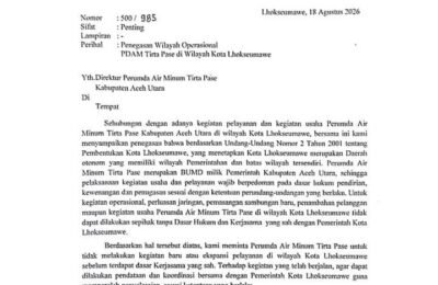 Surat Wali Kota Lhokseumawe kepada Perumda Tirta Pase