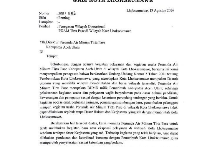 Surat Wali Kota Lhokseumawe kepada Perumda Tirta Pase