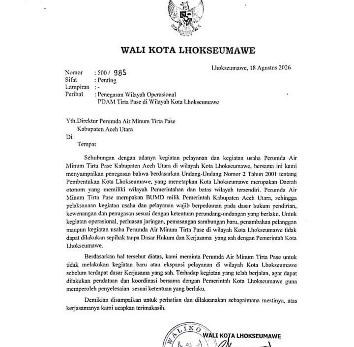Surat Wali Kota Lhokseumawe kepada Perumda Tirta Pase